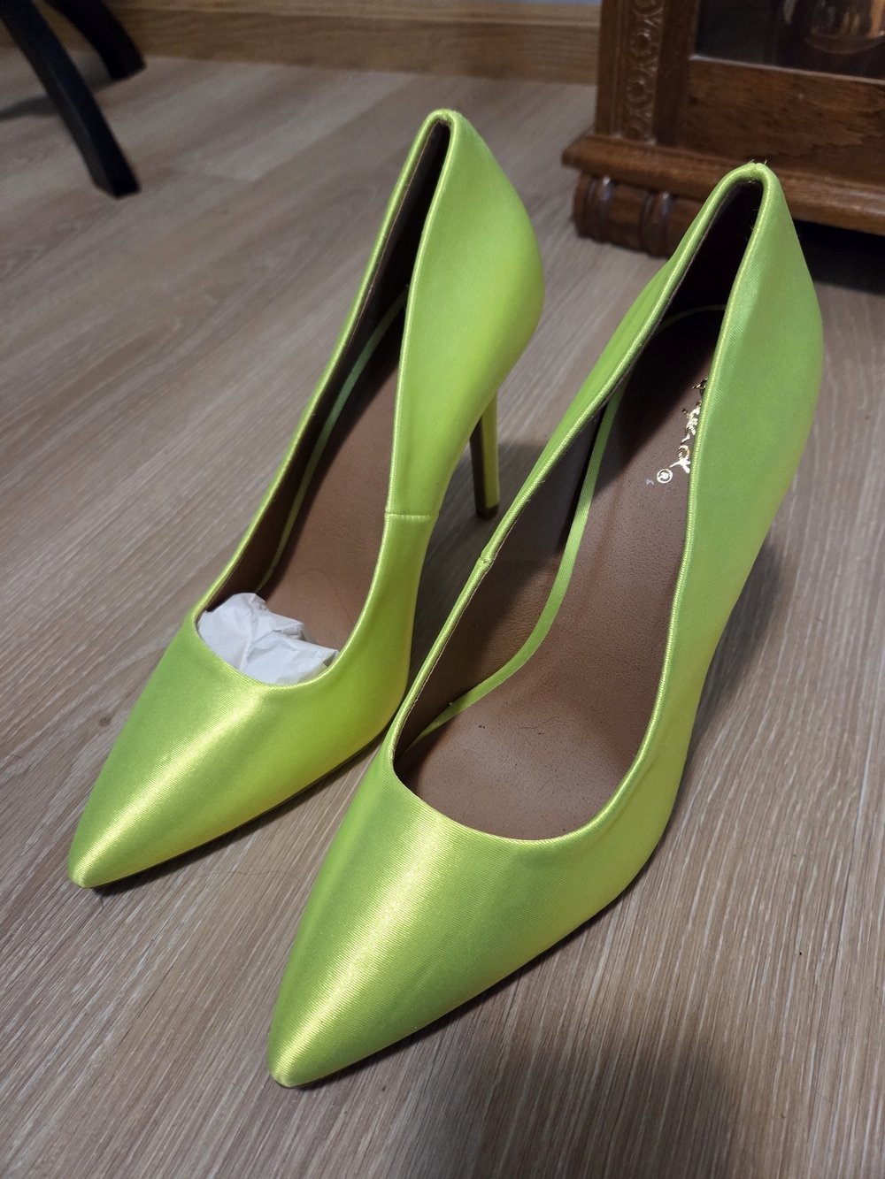Qupid Neon Lime Satin Pointed-Toe Stiletto Heels